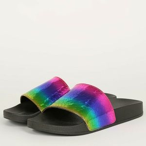 NEW🔥 Rainbow Iridescent Slides Flat Sandals Shoes